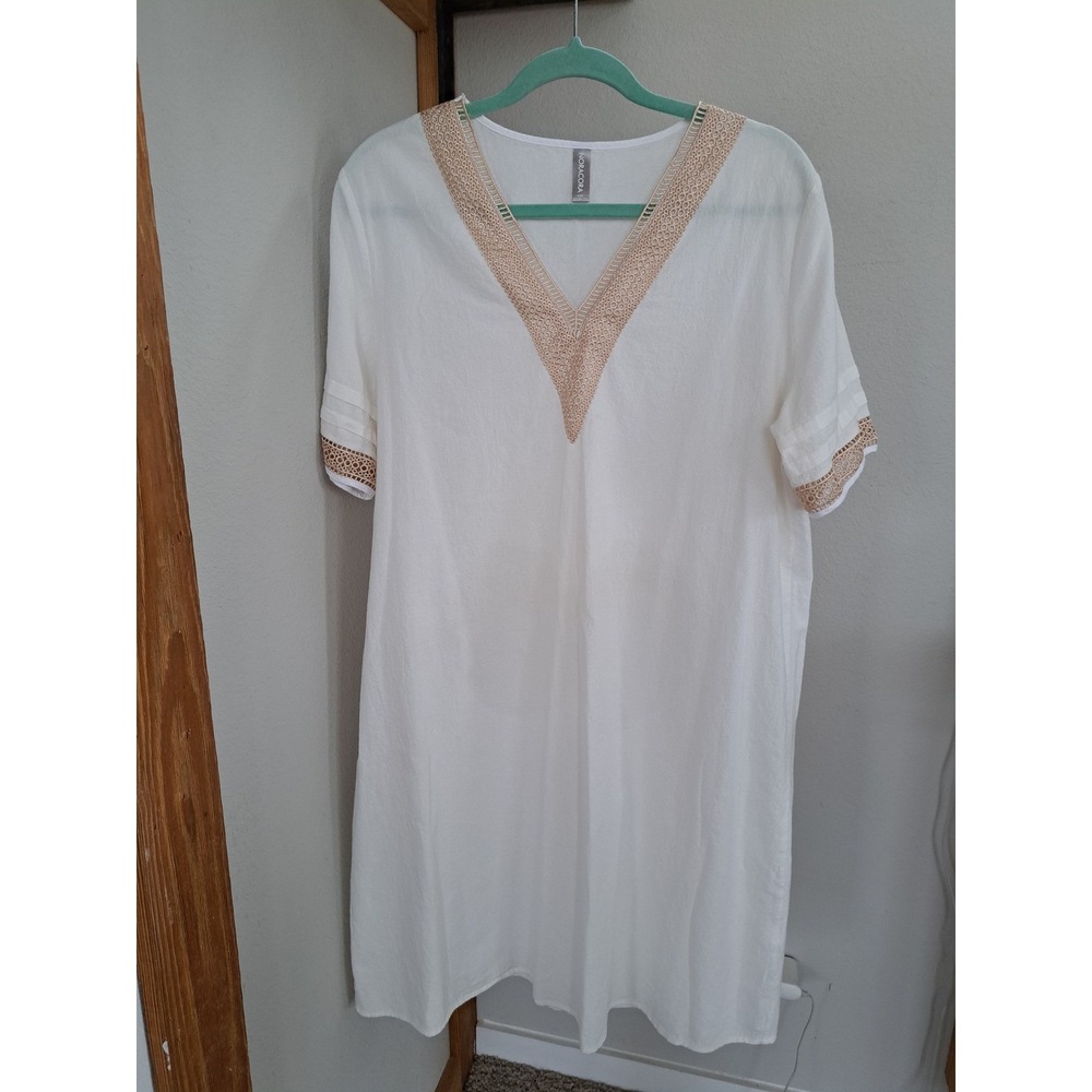 Noracora White Shift Dress XL Tan Crochet Lace V-Neck Short Sleeve Beach Coverup